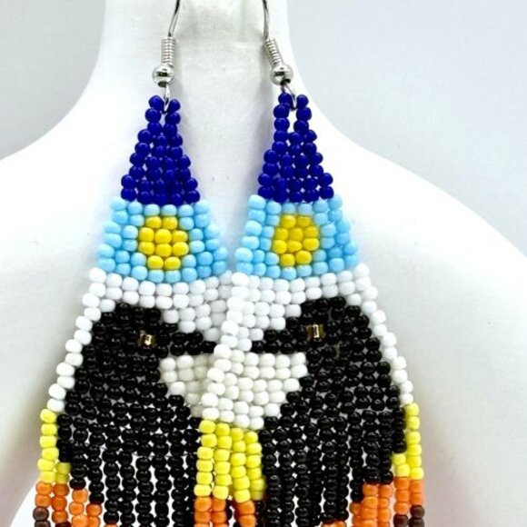 Native American-Inspired Black Ravens Crow Bird Hand Beaded Tassel Earrings New - Picture 2 of 4